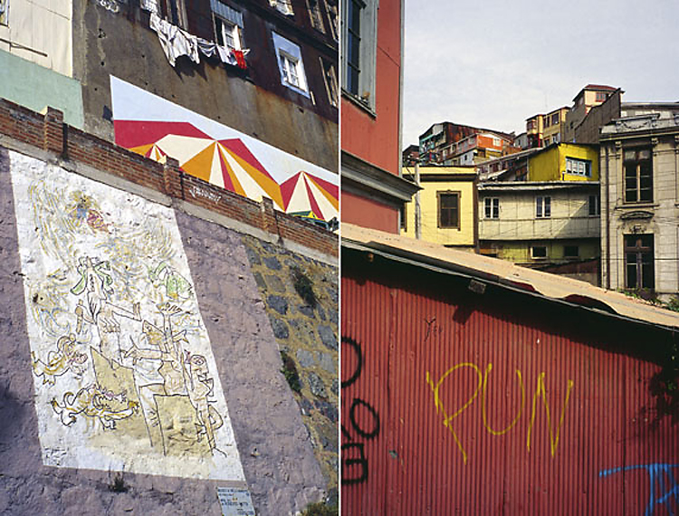 chi10_10-16 valparaiso.jpg - Centre Valparaiso un exemple tiré du "museo a cielo abierto", un autre montrant l'architecture des quartiers pauvres grimpant à l'assaut des collines